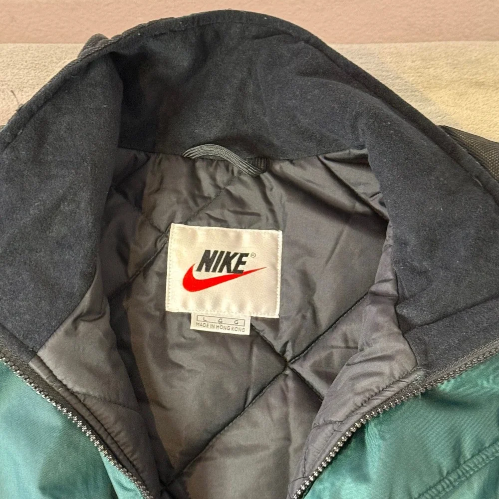 VTG Nike 90s Anorak Jacket Green Black Big Swoosh Quilted‎ L Pullover Kangaroo